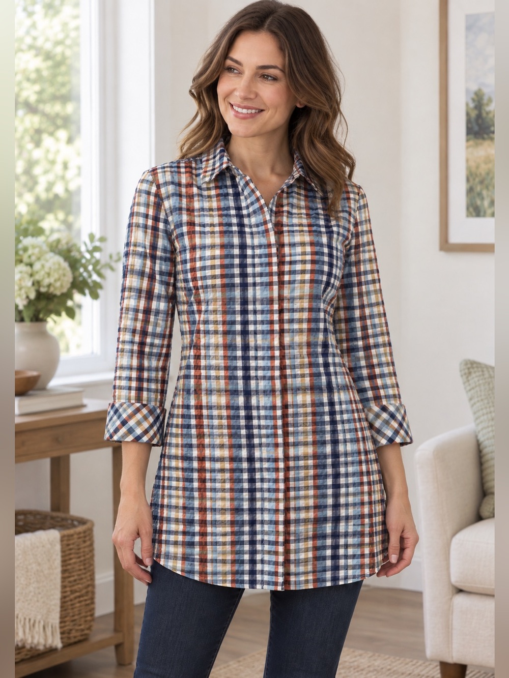 Plaid Seersucker Tunic Shirt Button Back High Low Boho Chic Small Cotton Blend